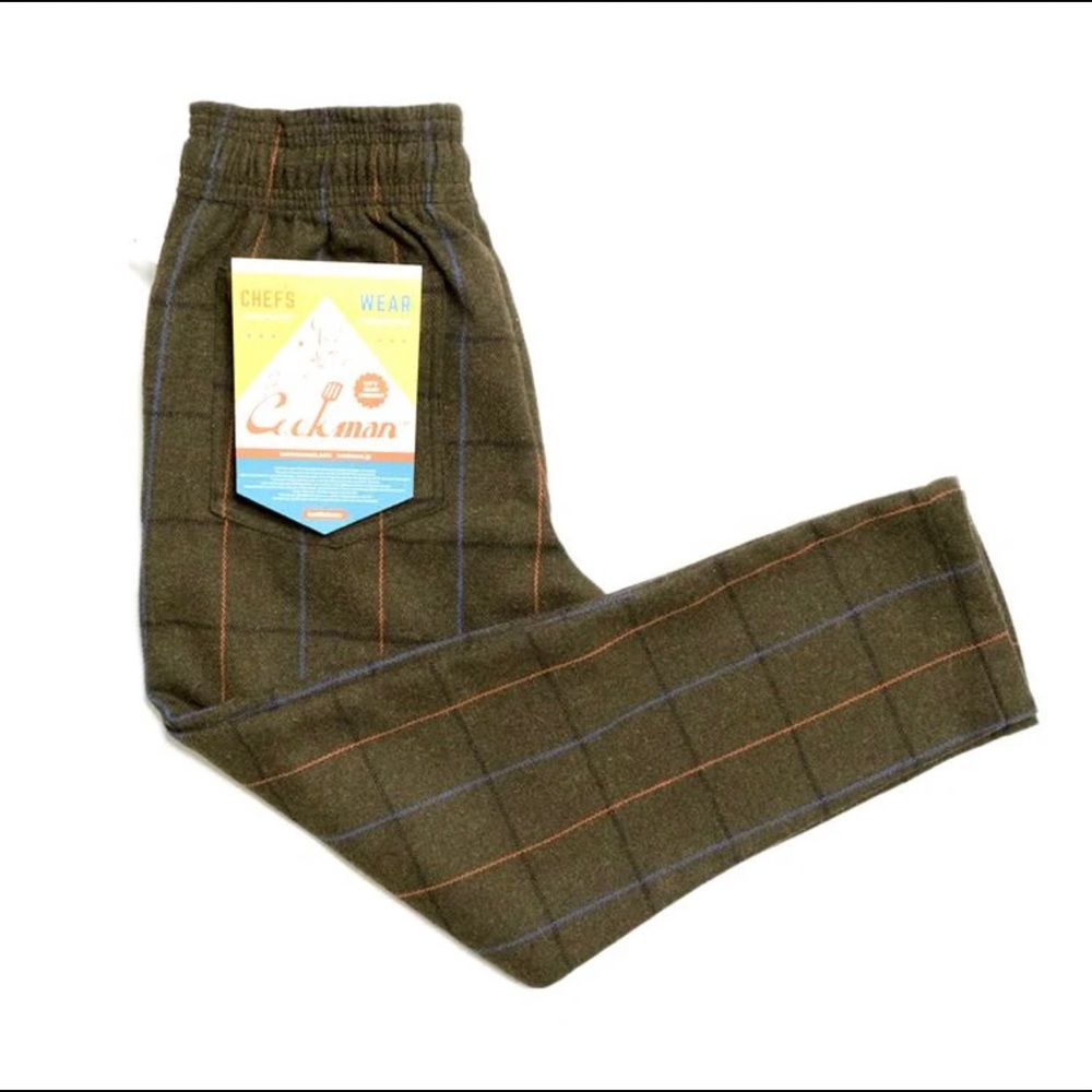 Cookman Chef Pants - Wool Mix Plaid : Olive Green MEDIUM